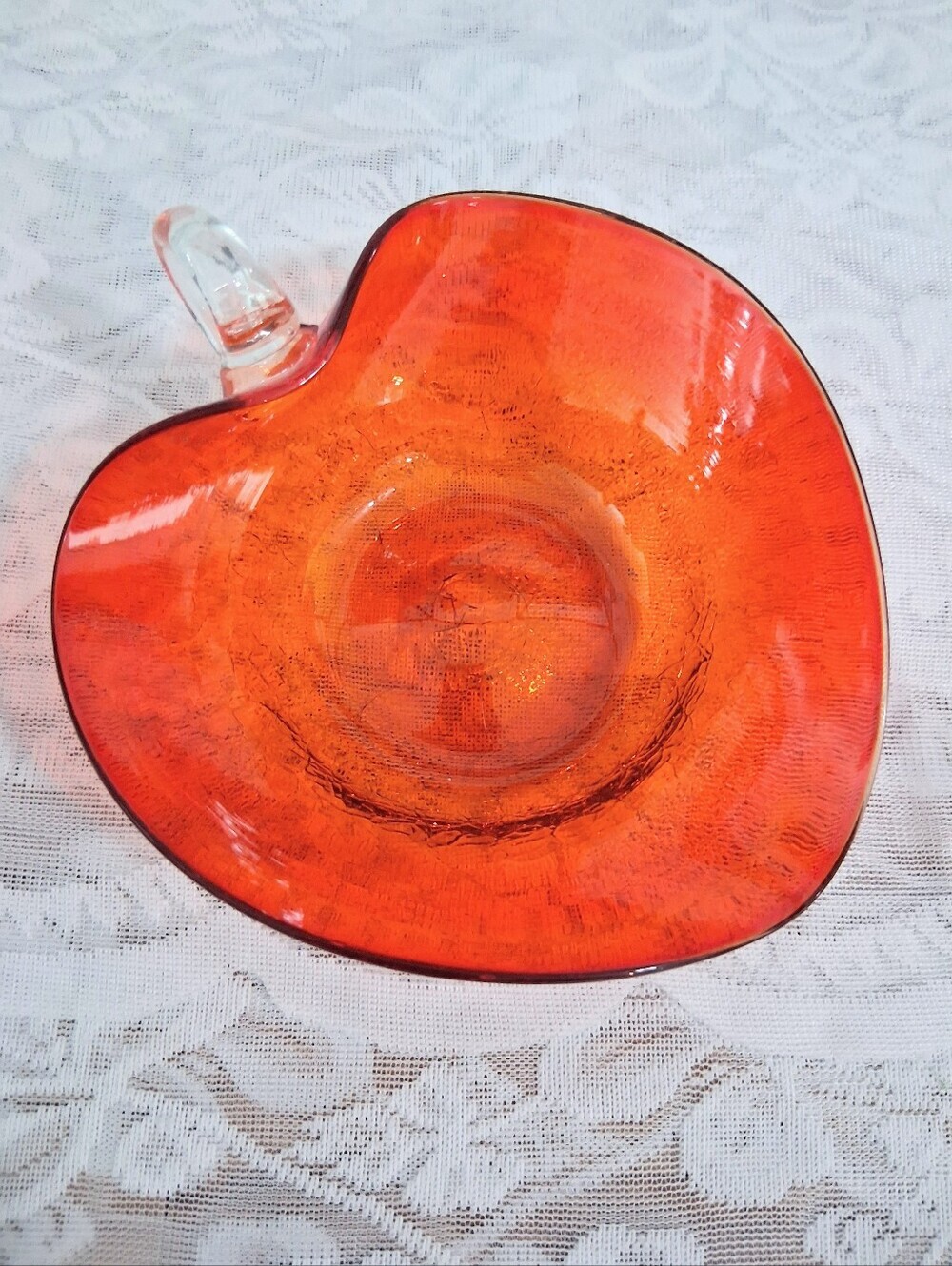 Vintage Viking Tangerine Leaf Heart Dish Candy Trinket Amberina MCM